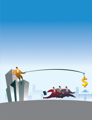 Men in suits chasing a dollar symbol at the end of a fishing rod