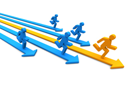 Illustration of runners, with a yellow runner out in front of 4 blue runners