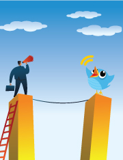 Man with megaphone opposite to a twitter bird, both standing on towers