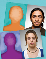Two photos of students mirrored by colourful sillouettes